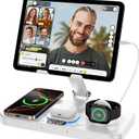 6 in 1 Wireless Charger for Apple Device, 30W Foldable Wired Charging for ipad with Clock & 7 Color Ambient Light, Nightstand Charger Station for iPhone 17/16/15/iWatch Series/AirPods 4/Pro 3(White)