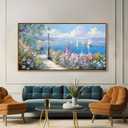 Blue Coastal Wall Art Ocean Canvas Flowers Painting Landscape Sailboat Picture White Yellow Artwork Modern Seascape Large Framed for Living Room Bedroom Home Office Decor Size 29x58 Inches