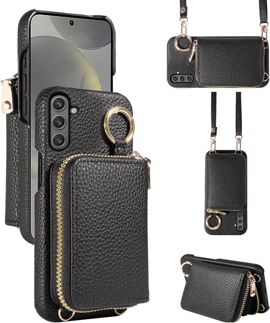 Furiet Wallet Case for Samsung Galaxy S24 Plus S24+ 5G with Shoulder Strap Ring Buckle, Luxury PU Leather Zipper Flip Organ Purse, Card Holder Stand Cell Phone Cover for S24plus 24S + S 24 24+ Black