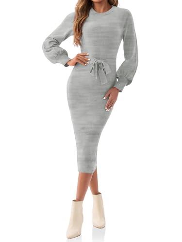 Saodimallsu Womens Long Puff Sleeve Sweater Dress Crew Neck Bodycon Ribbed Knit Fall Midi Dresses with Belt Light Gray L