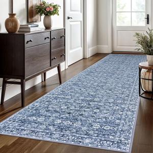 3x10 Washable Runner Rug for Kitchen, Blue Soft Classic Runner with Non-Slip, Non-Shedding Distressed Floral Rug for Hallways Entryway Bedroom Bathroom Laundry Indoor