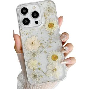 JANDM Real Flower Case for iPhone 16 Pro Max,Clear Soft Flexible Rubber Pressed Dry Real Flower Girls Women Glitter Floral Case for iPhone 16 Pro Max -Daisy