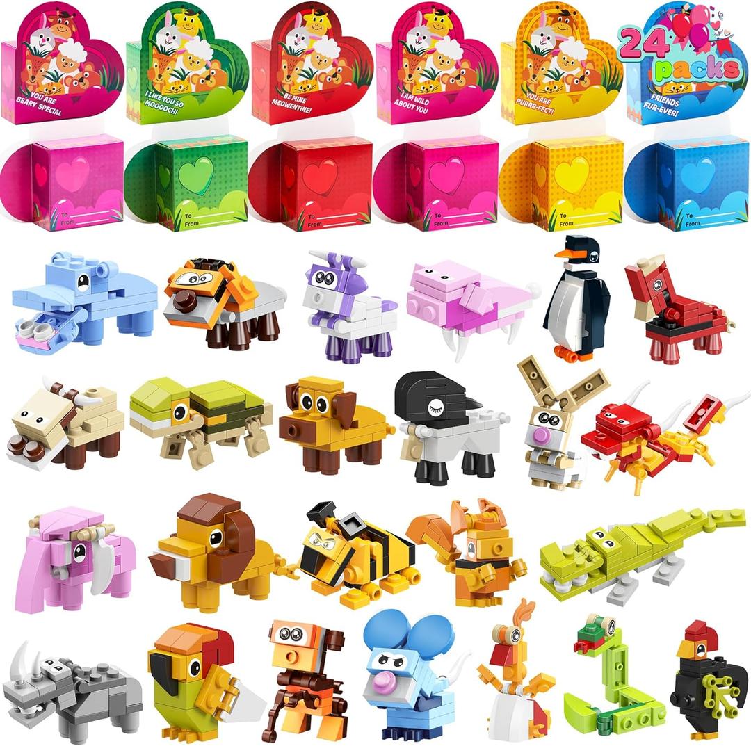 JOYIN 24 Packs Valentines Animal Building Blocks with Hearts Party Favors for Kids Valentine Classroom Prize, Classroom Gift Exchange School Rewards