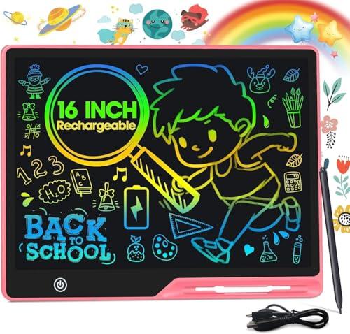POPERFUN LCD Writing Tablet for Kids, Rechargeable Kids Drawing Pad 16 Inch Colorfuls Doodle Board, Kid Drawing Tablet Toys for Ages3 4 5 6 7 8 Christmas Gifts for Girls Boys Adults in Light Pink