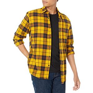 Amazon Essentials Men's Long-Sleeve Flannel Shirt, Yellow Plaid, Medium