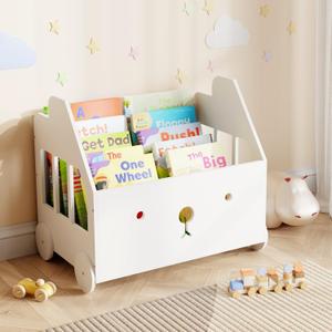 Wooden Kids Bookshelf Bookcase, Toddler Montessori Bookshelf, Nursery Book Shelves with 4 Adjustable Dividers, Book Shelf for Kids Rooms, Nursery, Bedroom, Classroom and Playroom Storage