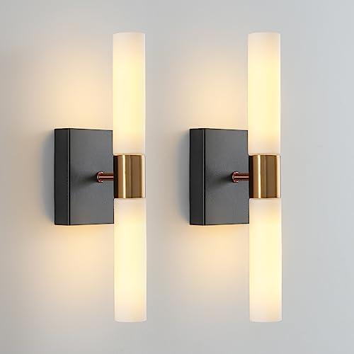 KUZZULL Wall Sconces Set of Two Black and Brass Gold Wall Lights with White Frosted Glass Shade Modern Wall Lamp for Bathroom Living Room Indoor Vanity Up and Down Sconces Wall Lighting for Hallway