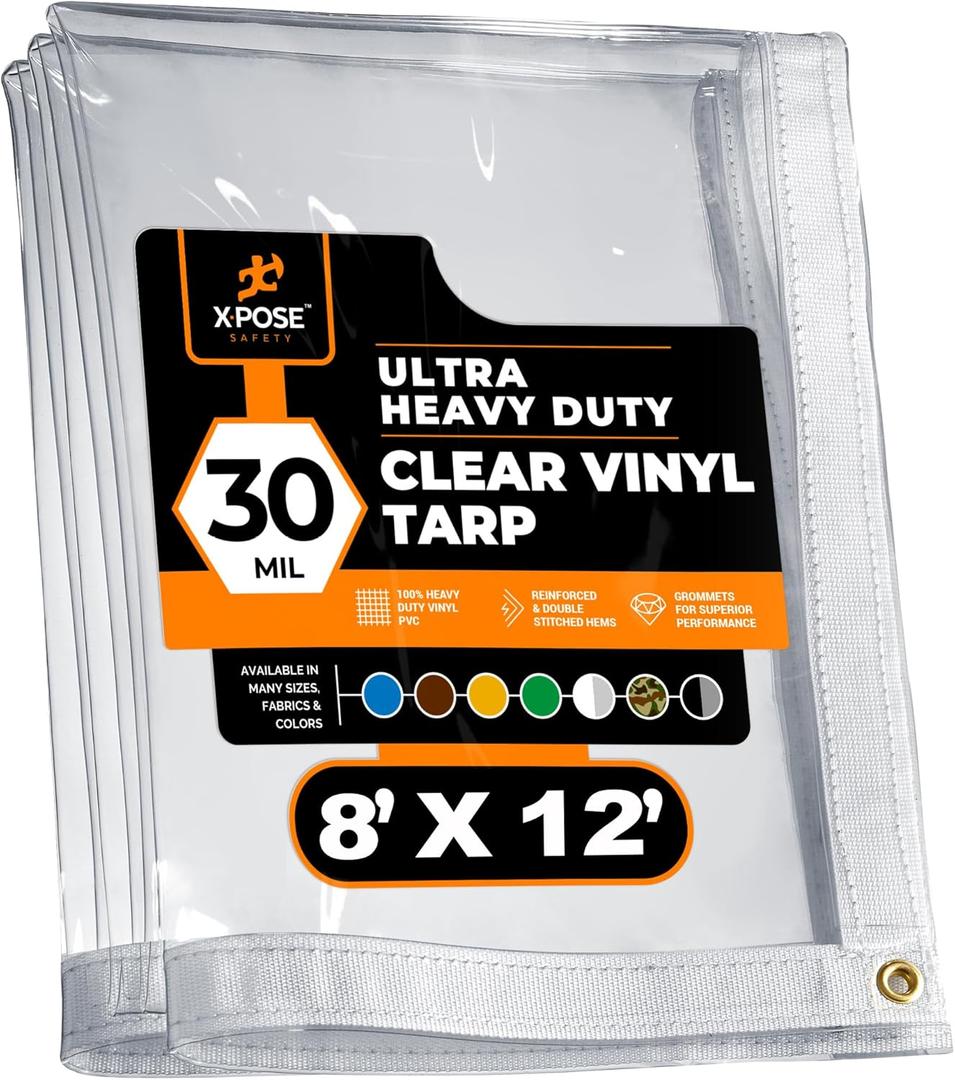 8' x 12' Clear Vinyl Tarp - 30 Mil Super Heavy Duty Transparent Waterproof PVC Tarpaulin with Brass Grommets - for Patio Enclosure, Temporary Wall, Camping, Tent Cover, Canopy - by Xpose Safety (8 Feet x 12 Feet)