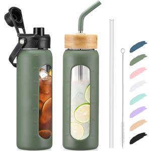 Kodrine Water Bottle with Straw, 24 oz Glass water Bottle with 2 Lids Bamboo Straw Lid and Spout Lid with Handle, 32 oz Clear Water Bottle Glass for Sports Travel, Waterbottle with Time Marker (Olive)