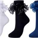 Dicry Women Big Ruffle Socks Double Lace Turn Cuff (White Black Blue, 3 Pairs)