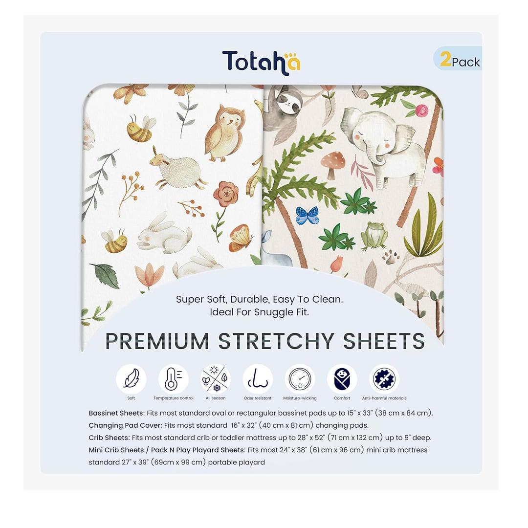 TotAha Changing Pad Cover, Buttery Soft Diaper Changing Pad Covers for Girls Boys, Super Stretchy Jersey Knit Changing Table Covers, 5'' Deep Pocket, 2 Pack (Happy Zoo & Jungle)