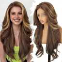 Eawwii 13x4 HD Lace Front Glueless Wigs for Women Brown Highlight Long Layered Overnight Curls Wave Wig Natural Hairline Heat Resistant Synthetic for Daily Use Beginner Friendly 26 Inch