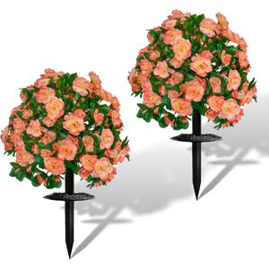 Artificial Flowers for Outdoors, Faux Outdoor Plants Fake Plants Topiary Balls Artificial Outdoor Set of 2 with Ground Spike for Home Front Porch Patio Garden Decor (Tangerine)