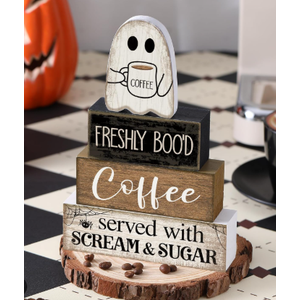 4 Pcs Halloween Table Decorations-Coffee Ghost Wooden Signs Halloween Decorations Tiered Tray Decor Centerpiece Sign for Farmhouse Ghost Tabletop Coffee Bar for Home Office Kitchen Shelf Party (one size, black)