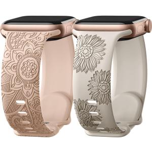 Odbeai Floral Engraved Band Compatible with Apple Watch Bands for Women 38mm 40mm 41mm 42mm 44mm 45mm 46mm 49mm,Soft Silicone Cute Sport Strap for iWatch Bands Women Series 11 10 9-1 SE Ultra1/2/3