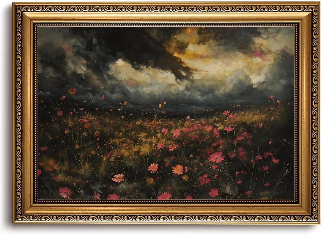 Vintage Gold Framed Wall Art - Vintage Landscape Canvas Wall Art Nature Wildflower Paintings Dark Moody Prints Rustic Farmhouse Cottagecore Decor Aesthetic Artwork for Living Room Bedroom 16x24in