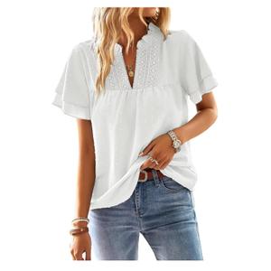 Womens Tops Butterfly Sleeve V Neck Blouses for Women Dressy Casual Flowy Swiss Dot Ruffle Short Sleeve Shirts, S, White