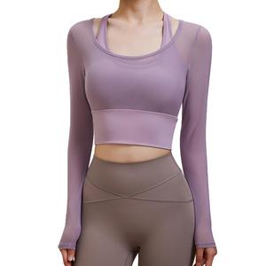 Harssidanzar Women's 2 in 1 Yoga Long Sleeve Mesh Gym Athletic Tops Workout Shirts with Medium Support Sports Bra CL301US, S