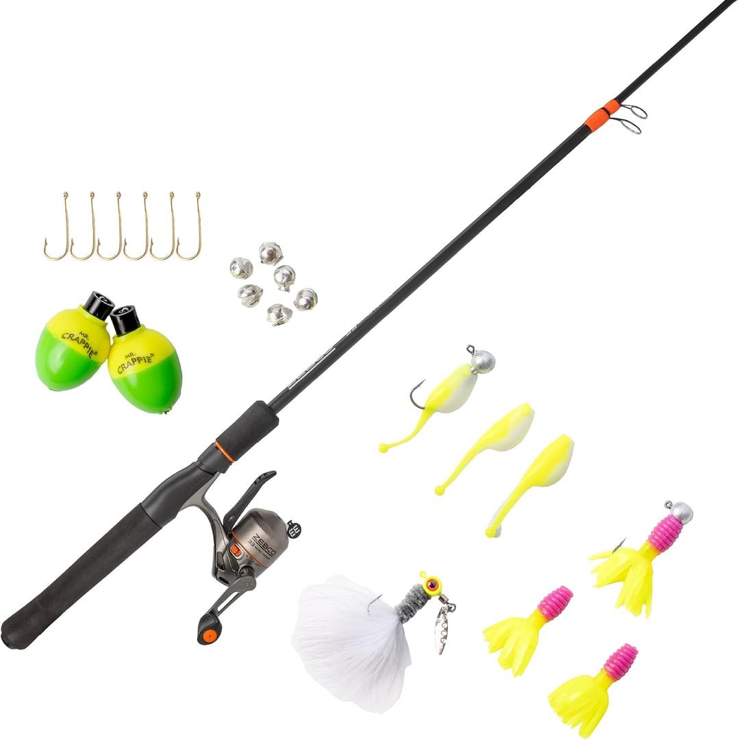 Zebco 33 Micro Trigger Spincast Reel and Fishing Rod Combo, 6-Foot 6-Inch 2-Piece Telescopic Rod, Ultra-Lt Power, Mod Action, Size 10 Reel, 4.3:1 Gear Ratio, 23-Piece Mr. Crappie Tackle Kit, Silver