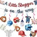 Baseball Baby Shower Decorations, A Little Slugger Is On The Way Banner Hanging Swirls Stickers, Baseball Garland Banner for Baby Boy Sport Fan Wall Ceiling Decor