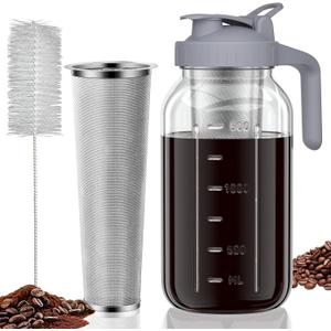 Cold Brew Coffee Maker Jar - 64oz Thick Glass Multipurpose Mason Pitcher Spout Lid with Handle & Stainless Steel Filter for Iced Coffee, Lemonade, Ice Tea, Homemade Fruit Drinks Container (Gray)