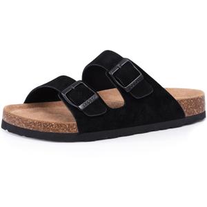 Unisex Cork Footbed Slide Sandal, Arch Support Summer Outdoor Sandals with Adjustable Buckle for Women and Men (10 Women/8.5 Men, EU Women Size 41, Black Suede)