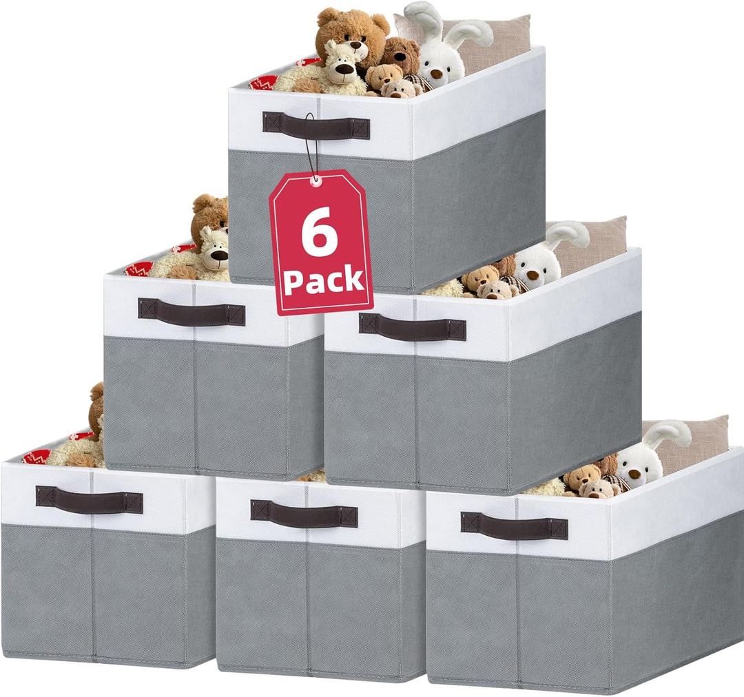 Criusia 6 Pack Clothes Bins for Organization - 16x12 Extra Large Storage Baskets for Shelves Closet Bedroom - Toy Storage Organizer Bins Boxes Cubes for Nursery - RV Apartment Essentials (White with Grey)