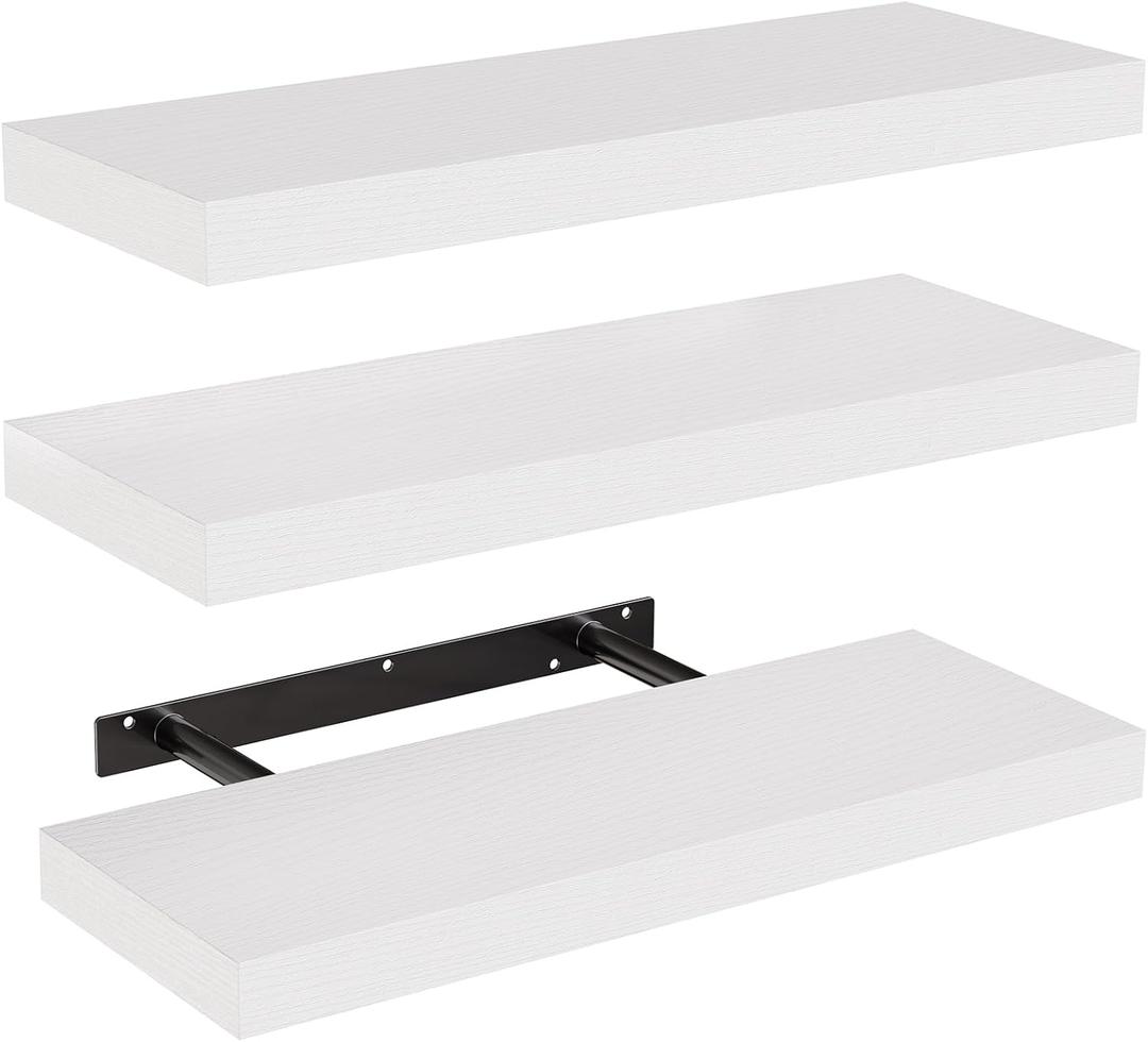 AMADA HOMEFURNISHING Floating Shelves, Wall Shelves for Bathroom/ Living Room/ Bedroom/ Kitchen Decor, White Shelves with Invisible Brackets Set of 3 - AMFS08