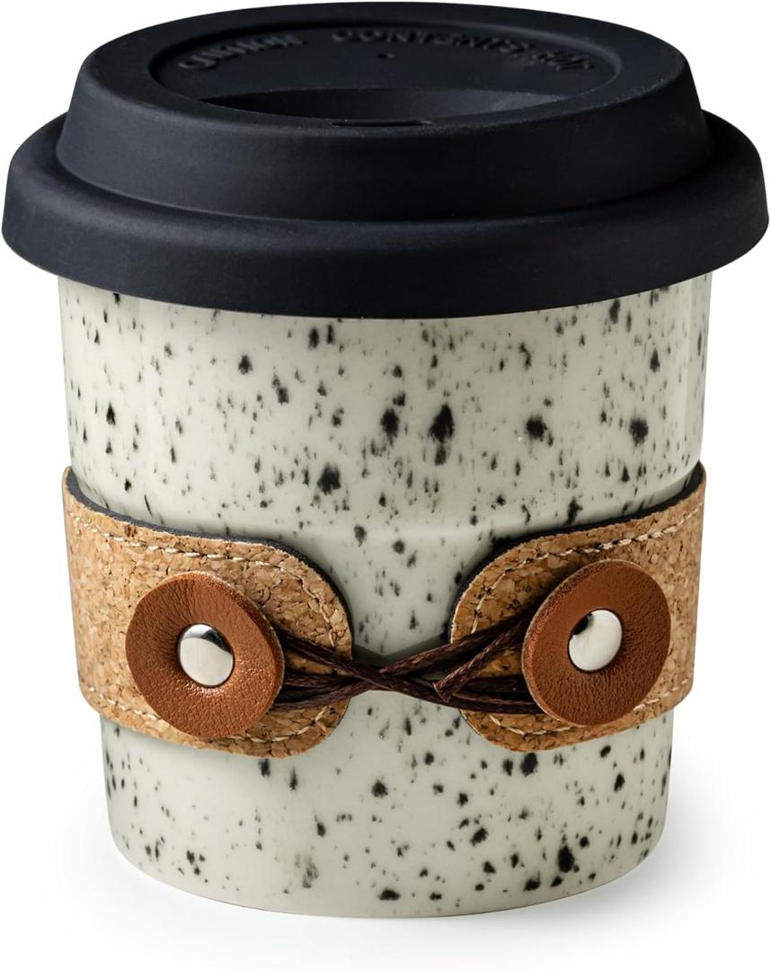 Coffee Mug, Travel Coffee Tumbler, Spill Proof To Go Coffee Mug, Porcelain Coffee Cups with Lids Reusable, Microwave & Dishwasher Safe, Coffe Mugs for Men & Women, 8.5oz (White with black dots)