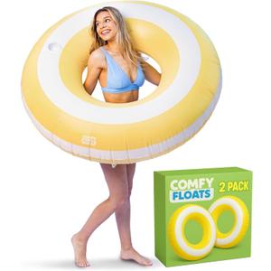 Comfy Floats 2 Pack of Giant Inflatable Yellow Stripe Tube Floats, Donut Style Pool Floats - Yellow and White
