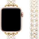Elastic Pearl Beaded Band Compatible with Apple Watch 38mm 40mm 41mm, Woman Sparkling Bling Diamond Chain Solo Loop Stretch Bracelet Strap Replacement for iWatch Series 9 8 7 6 5 4 3 2 SE