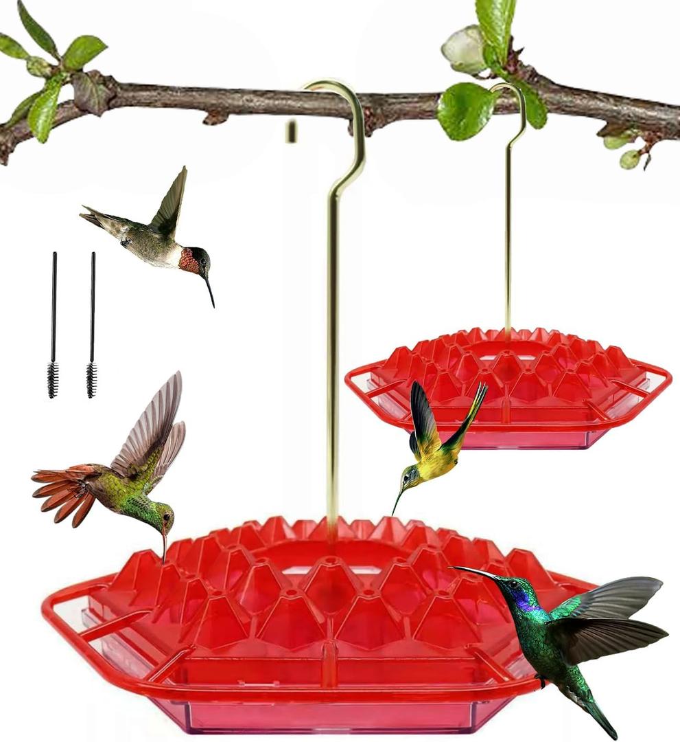 Sherem Hummingbird Feeder, Sherum Hummingbird Feeder for Outdoors Hanging Ant and Bee Proof, with 30 Feeding Ports, with Perch and Built-in Ant Moat, Easy to Fill and Clean, 14 Ounces (2Pcs Red)