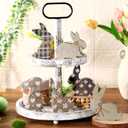 6 Pcs Easter Table Decorations Wooden Bunny Tiered Tray Decor Stand Signs Easter Bunny Tabletop Centerpiece with Rope Farmhouse Rabbit Decorations for Spring Party Home Office(Cute)