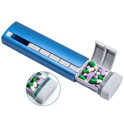 Daviky Metal Travel Pill Organizer, Premium Aluminum Pill Box 7 Day, Weekly Daily Pill Case, Stylish&Cute Pill Holder for Medicines, Supplements and Vitamins (Blue+Gray)