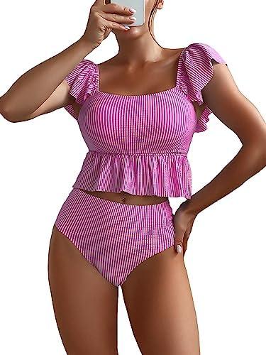 MakeMeChic Women's 2 Piece Bathing Suits Striped Ruffle Trim High Waisted Bikini Swimsui, Size L