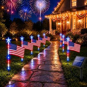 8 Pack Solar American Flag Pathway Lights with 8 Modes, Patriotic Pathway Lights, Red White Blue Waterproof LED Outdoor Yard Garden Decorations for 4th of July