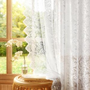 Rinwoc Vintage Lace Sheer Curtains 84" 2 Panels White, Elegant Floral Soft Fabric, Scalloped Edge, Easy Install Rod Pocket Drapes for Bedroom Living Room & French Door 52W x 84L