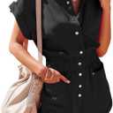 chouyatou Women's Short Cuffed Sleeve Utility Rompers Elastic Waist Button Down Cotton Pocketed Jumpsuit (X-Large, Black)