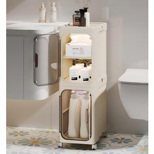 2-Tier Slim Bathroom Storage Cabinet, Narrow Storage Cabinet with Wheels, Adjustable Shelves, Magnetic Doors, Water-Proof, Anti-Tip Skinny Organizer Cabinet for Small Space, Cream White