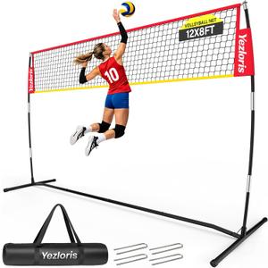 12ft Freestanding Volleyball Net – Height Adjustable 7.4ft/8ft for Men & Women, Durable Fiberglass Poles, 4-Minute Quick Setup – Includes Carry Bag & Stakes for Backyard, Gym, Beach