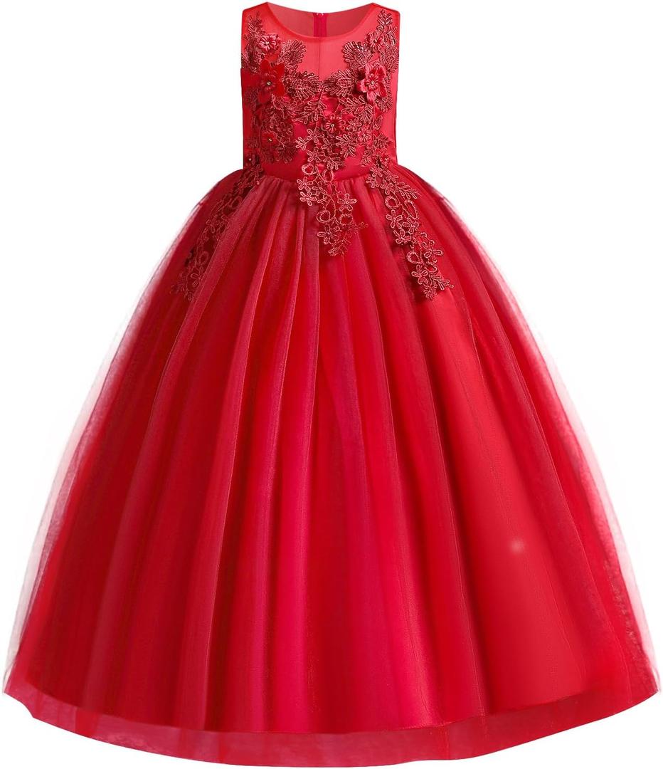 Little Big Girl Flower Tulle Dress Princess Pageant Birthday Party Wedding Formal Floor Long Dance Evening Maxi Gown (Red)