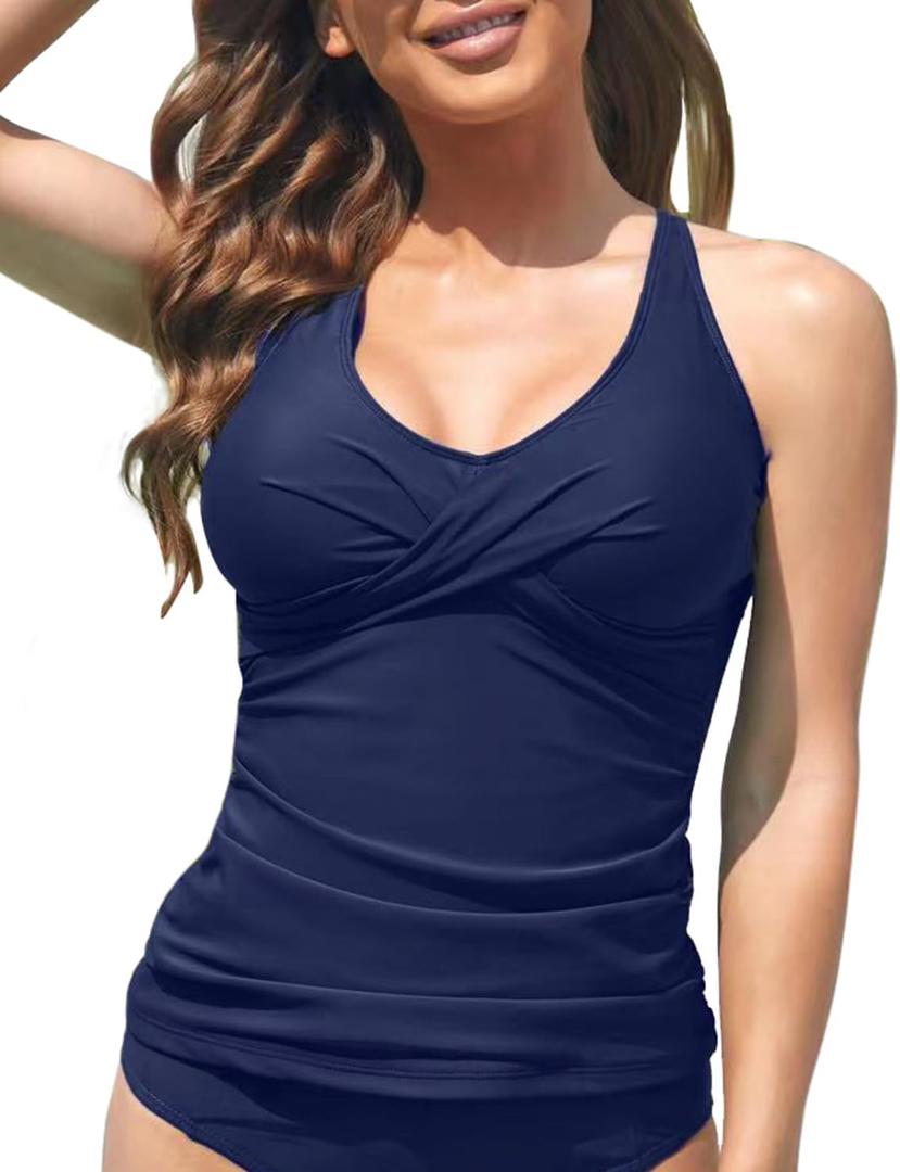 Fanuerg Tankini Top Only Twist Front Bathing Suit Tops for Women Tummy Control Tank Tops V Neck Swimsuit Top No Bottom (XX-Large)