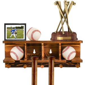 Tebery Wood Baseball Bat Holder and Ball Display Shelf Wall Mounted, Sports Memorabilia and Collectibles Floating Shelf Hanging Organizer Bat Rack