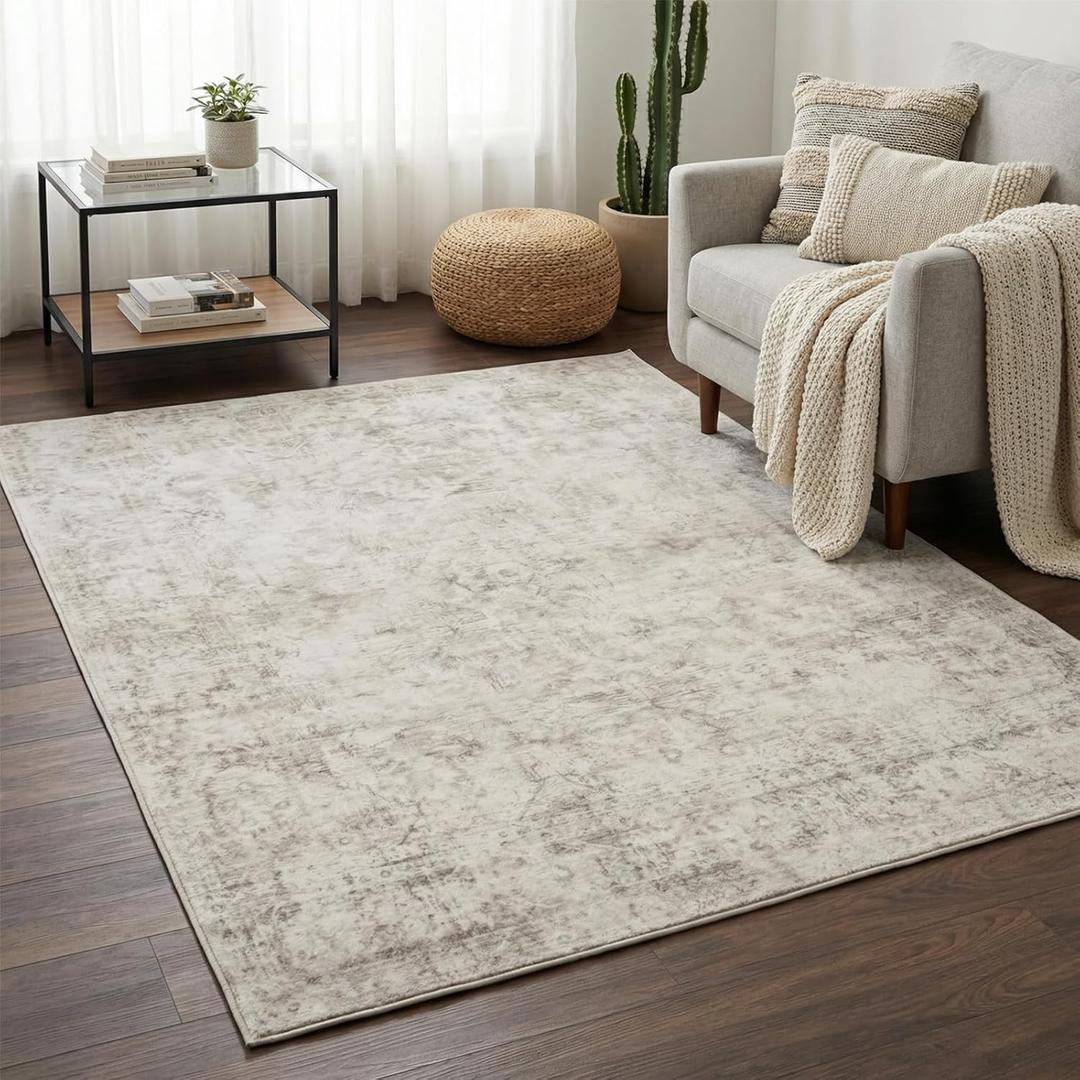 3x5 Area Rugs for Living Room, Vintage Machine Washable Rugs, Beige | Faded Style Non Slip Rug, Stain Resistant Low Pile Carpet, Boho Neutral Rugs for Bedroom Dining Room Playroom Nursery Office