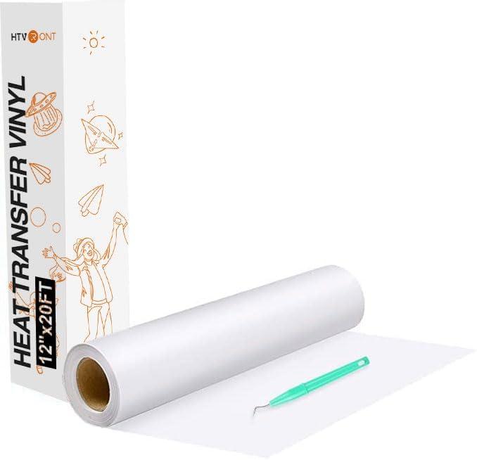 HTVRONT Heat Transfer Vinyl White HTV Rolls - 12" x 20ft White Iron on Vinyl for All Cutting Machines, HTV Vinyl for Shirts - Easy to Cut & Weed for Heat Transfer Design