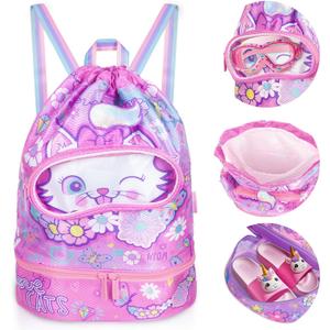 Drawstring Backpack for Kids Girls, Cute Cartoon Cat Waterproof Drawstring Bag String Swim Gym Sports Beach Bag with Shoes & Sunglasses Compartment and Wet Proof Pocket