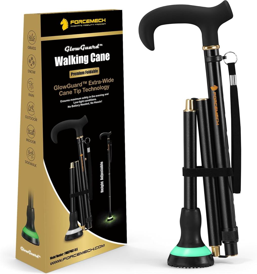 GlowGuard Walking Cane for Men & Women - Extra-Wide 2.68" Glow Cane Tip with Photoluminescent Ring, Height Adjustable (31.1" to 37.8"), 350Lbs Capacity, Matte Black