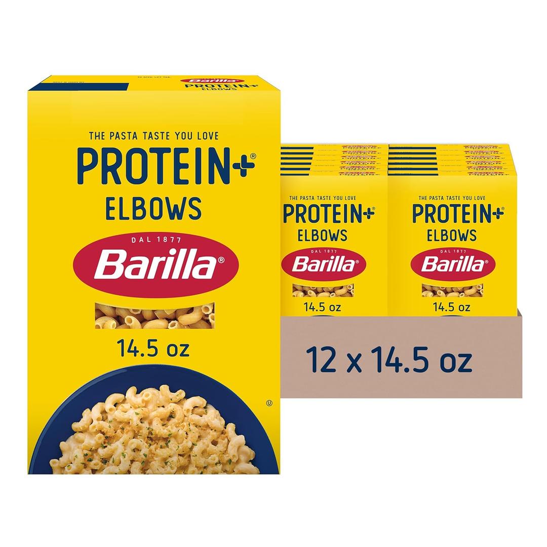 BARILLA Protein+ (Plus) Elbows Pasta, 14.5 Ounce (Pack of 12) - plant based pasta - Made from Lentils, Chickpeas & Peas - Non-GMO, Kosher Certified and Vegan
