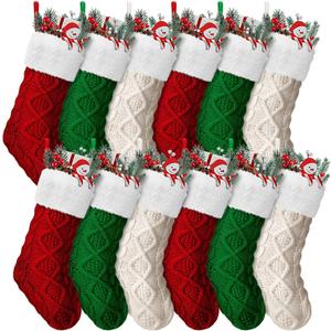 Hungdao 12 Pcs Christmas Green Red Stockings Mini Knitted for Xmas Tree 8.3 Inches Mini Christmas Socks Double Sided Fireplace Hanging Stockings for Family Xmas
