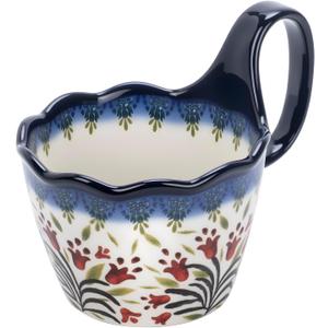 OZY Handpainted Soup Bowl with Handle,Ceramic Cereal Bowl Great for Soup, Ice cream, Fruits,Snack,Microwave &Dishwasher Safe (Polish Red Flower)